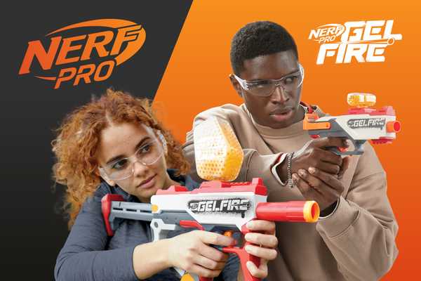 A young boy and a girl holding Nerf Gelfire blasters and posing.